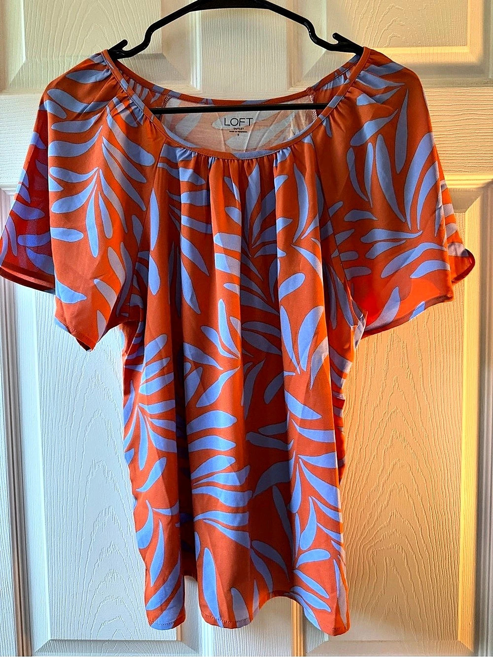 LOFT Abstract Short Sleeve Blouse in Orange & Purple Size Small N